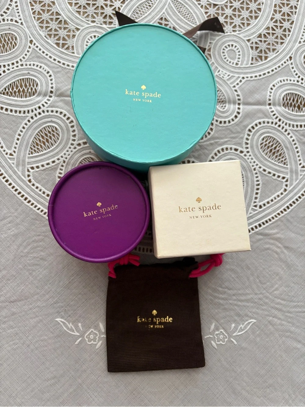kate spade turquoise, purple, cream, brown box and pouch set
